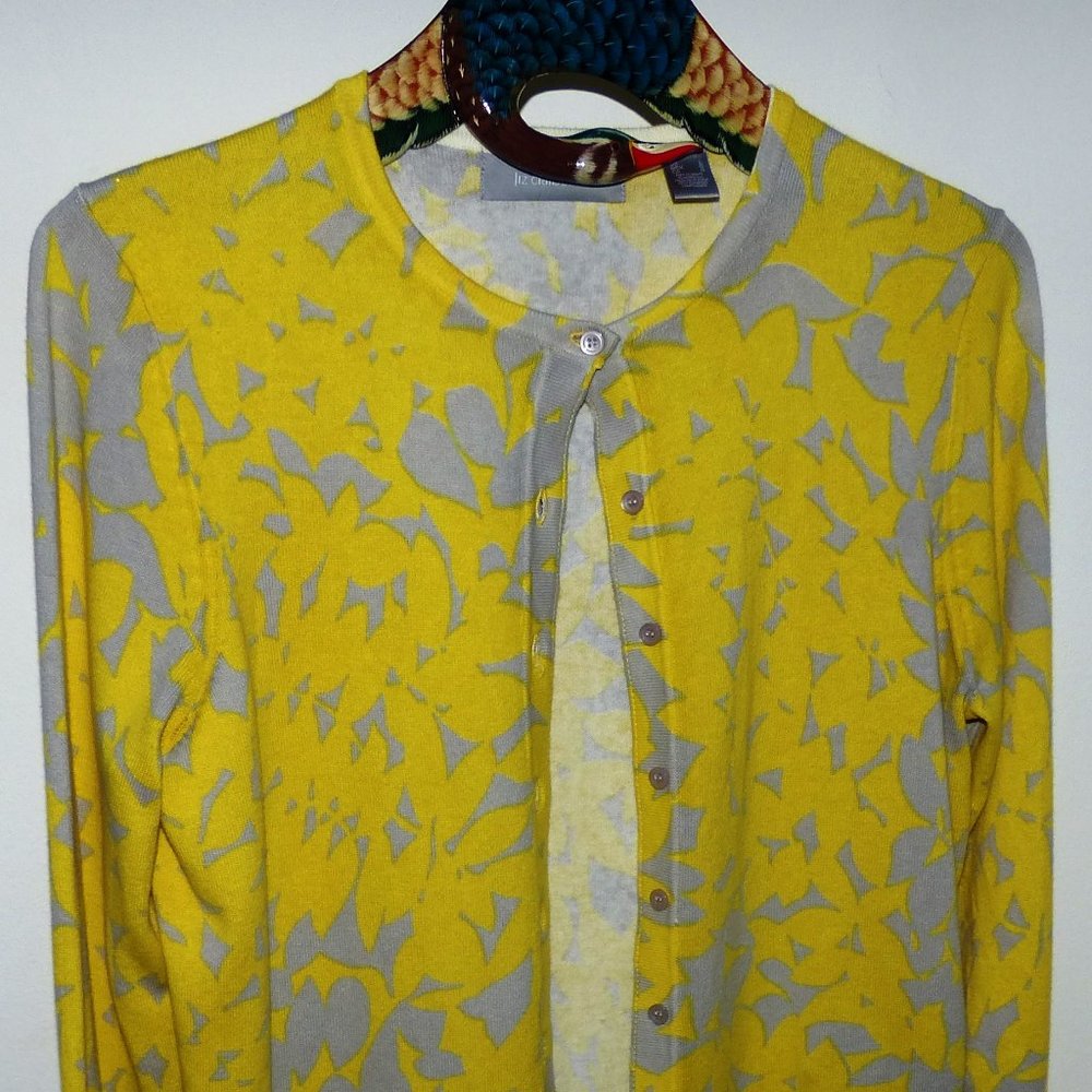 LIZ CLAIBORNE YELLOW & GREY FLORAL LONG SLEEVE COTTON & NYLON SWEATER Large